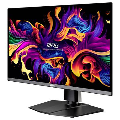 Un moniteur de jeu moderne avec des graphismes abstraits et dynamiques aux couleurs vives sur l'écran.
