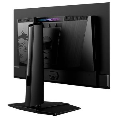 Vue arrière d'un écran d'ordinateur noir avec un socle distinctif et un logo lumineux à l'arrière du moniteur.