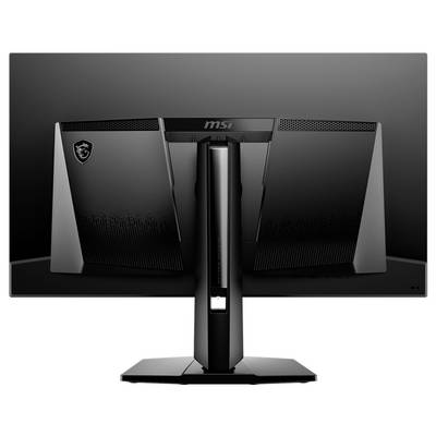 Un moniteur d'ordinateur noir vu de dos, montrant son socle et ses grilles de ventilation, sans câbles ni connexions visibles.