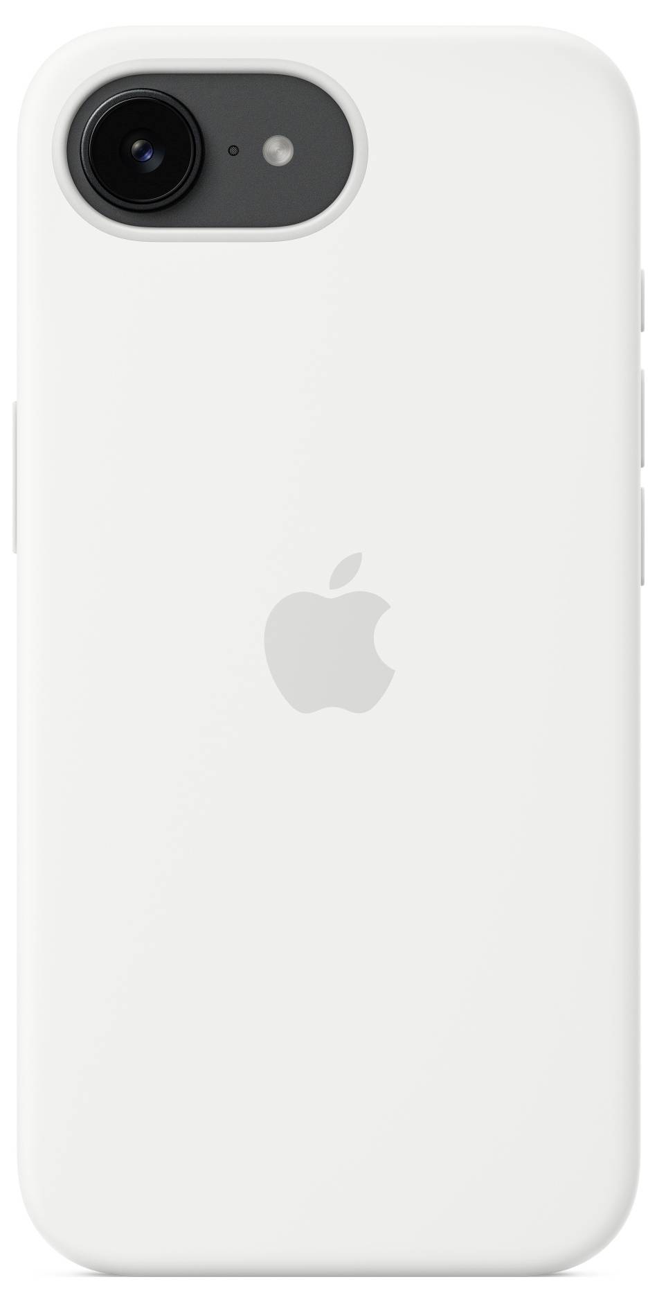 Smartphone dans un étui blanc avec le logo Apple au dos, caméra dans le coin supérieur gauche.