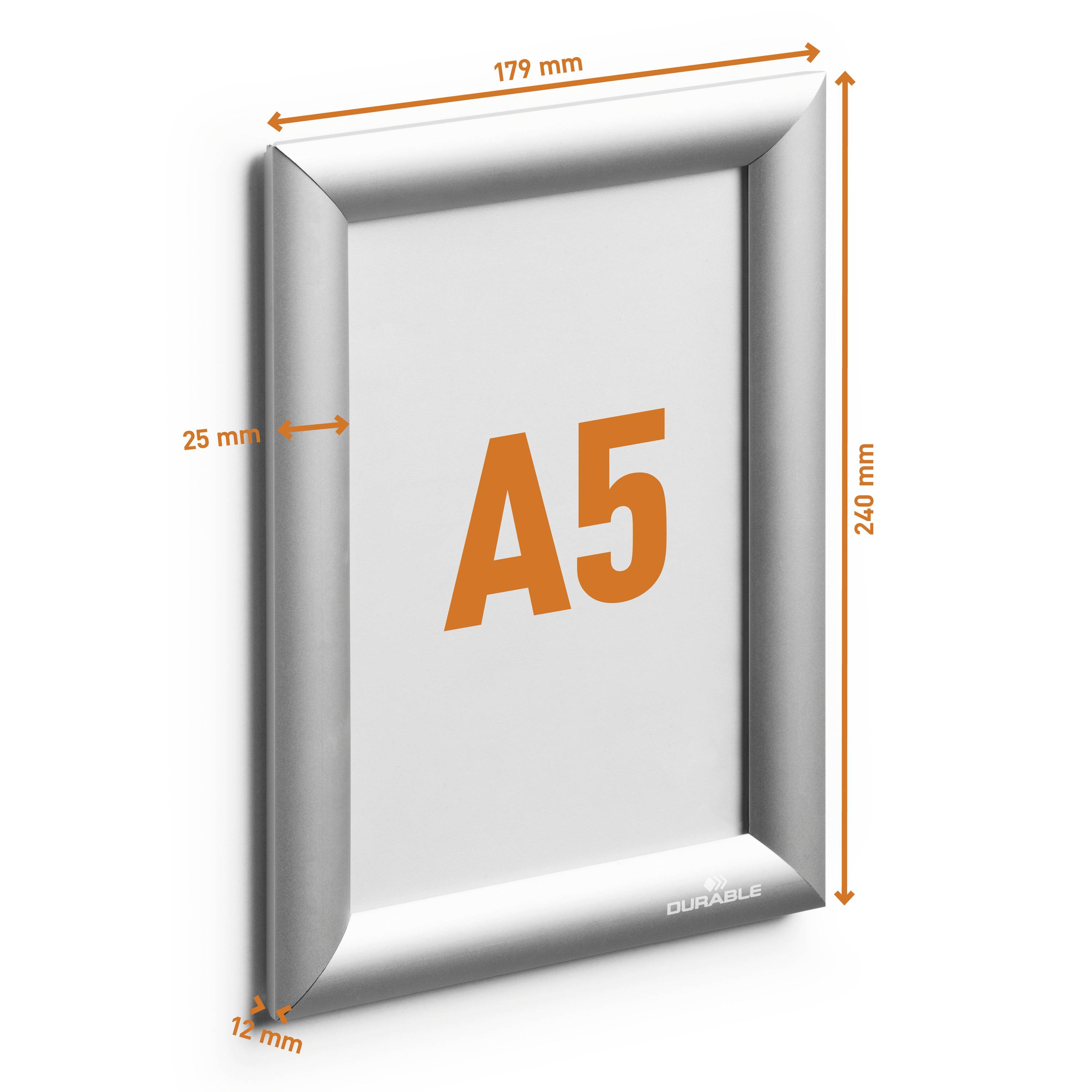 Un cadre pliable argenté pour documents A5 est représenté, avec les dimensions suivantes : 179 mm de largeur, 240 mm de hauteur, 25 mm d'épaisseur de cadre.