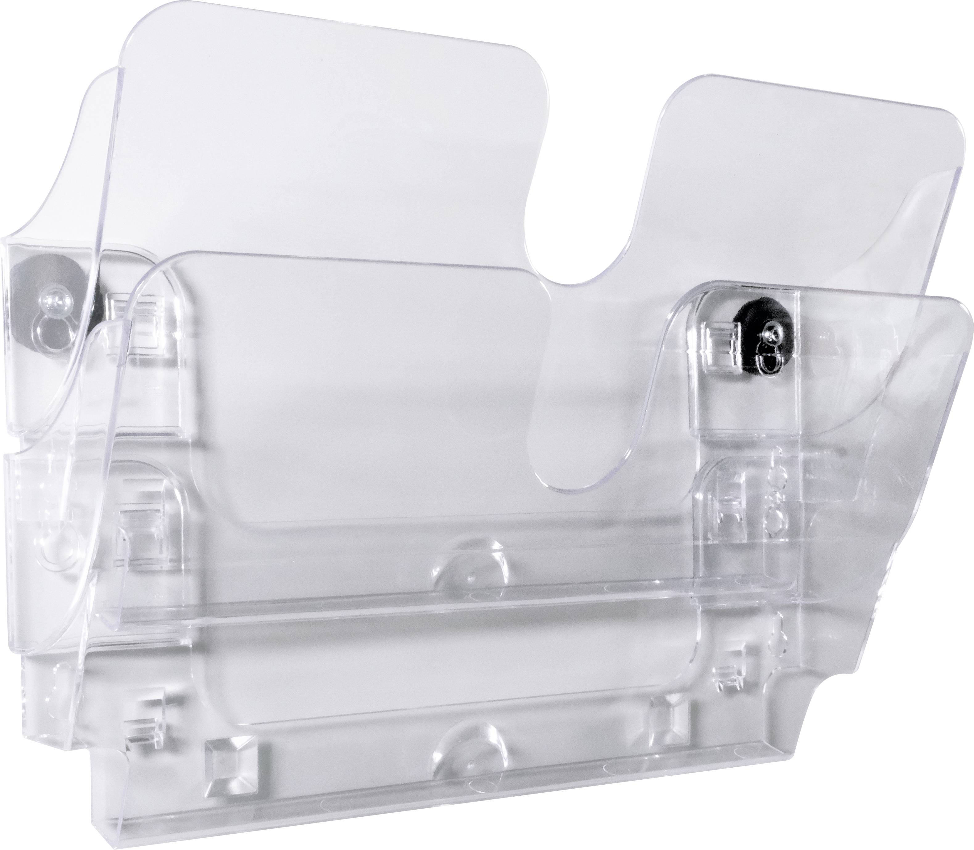 Un porte-revues transparent et empilable en plastique avec deux compartiments, conçu pour une fixation murale. Idéal pour l'organisation de bureau.