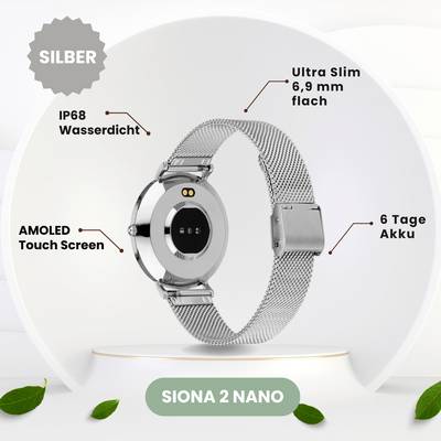 Montre connectée Siona 2 Nano en argent avec écran tactile AMOLED, étanche IP68, ultrafine de 6,9 mm, autonomie de 6 jours.