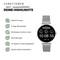 Une montre connectée argentée avec écran AMOLED, autonomie de 6 jours, fonctions WhatsApp et appels, compatible Apple et Android, offrant un suivi de l'activité physique.