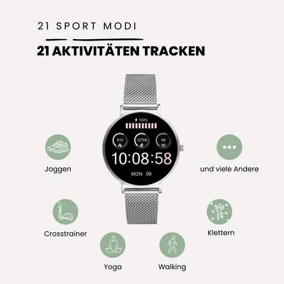 Montre connectée avec un écran affichant '21 activités trackées'. Icônes : course à pied, elliptique, yoga, marche, escalade et plus encore.