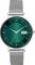 Montre-bracelet en argent avec cadran vert, aiguilles blanches et affichage de la date ; indique l'heure 10:10 et la date 'Lun 09'.