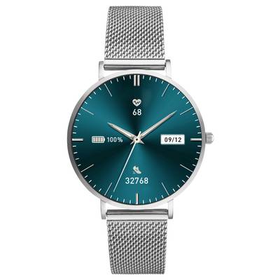 Montre connectée argentée avec un cadran bleu affichant la fréquence cardiaque '68', le niveau de batterie '100%', la date '09/12' et le nombre de pas '32768'.