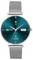 Montre connectée argentée avec un cadran bleu affichant la fréquence cardiaque '68', le niveau de batterie '100%', la date '09/12' et le nombre de pas '32768'.