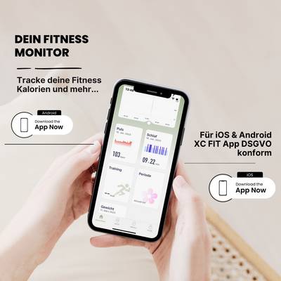 Une main tient un smartphone avec une application de fitness. Textes : 'Votre moniteur de fitness', 'Suivez vos calories et bien plus...', 'Pour iOS & Android', 'Application XC FIT conforme au RGPD'.
