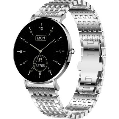 Montre-bracelet en argent avec un cadran noir affichant l'heure et la date. Design élégant et moderne.