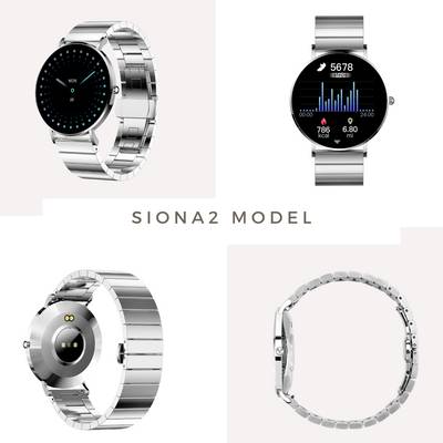 Montre connectée Siona2 en argent sous différents angles : écran avec cadran et indicateur de fitness, vue arrière et vue latérale avec bracelet.