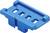 Une pièce en plastique bleue avec des ouvertures rectangulaires, probablement un accessoire technique ou un adaptateur.