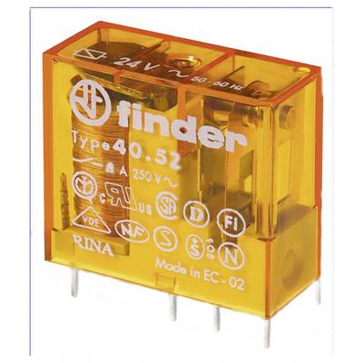 Un relais orange portant l'inscription 'finder Type 40.52'. Il présente des symboles techniques et est adapté pour une tension de 250 V.