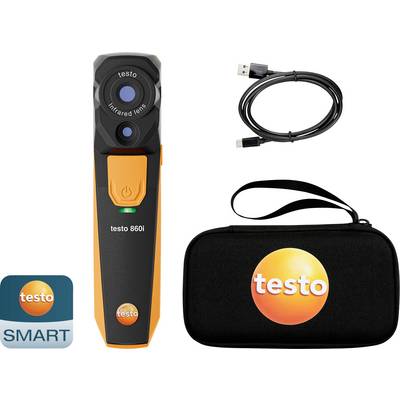Thermomètre infrarouge Testo 860i avec câble de chargement USB et sacoche de rangement, adapté pour des mesures de température précises.