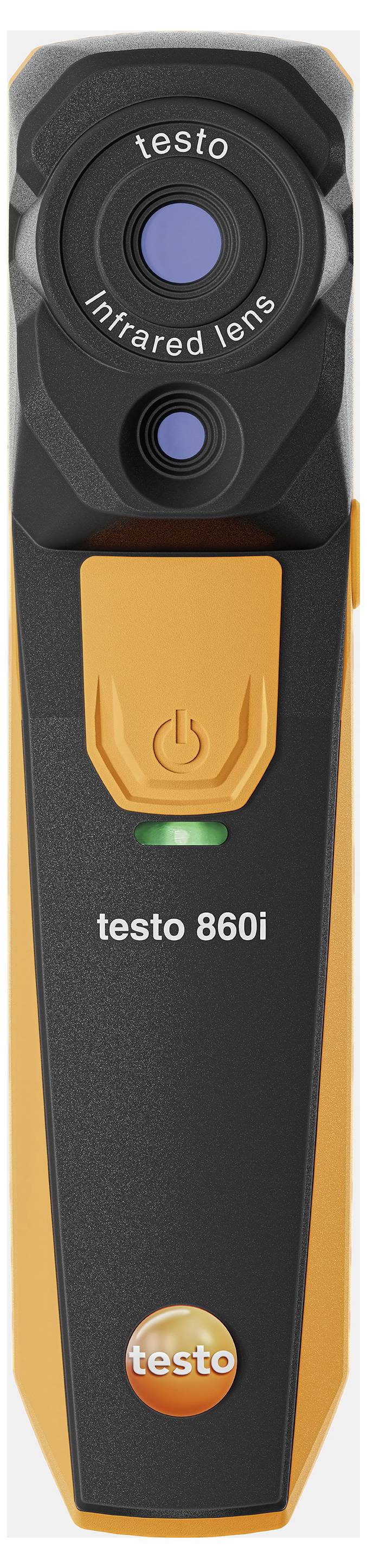 Un appareil portable de caméra infrarouge de Testo, modèle 860i, avec un bouton orange et deux objectifs pour les mesures de température.