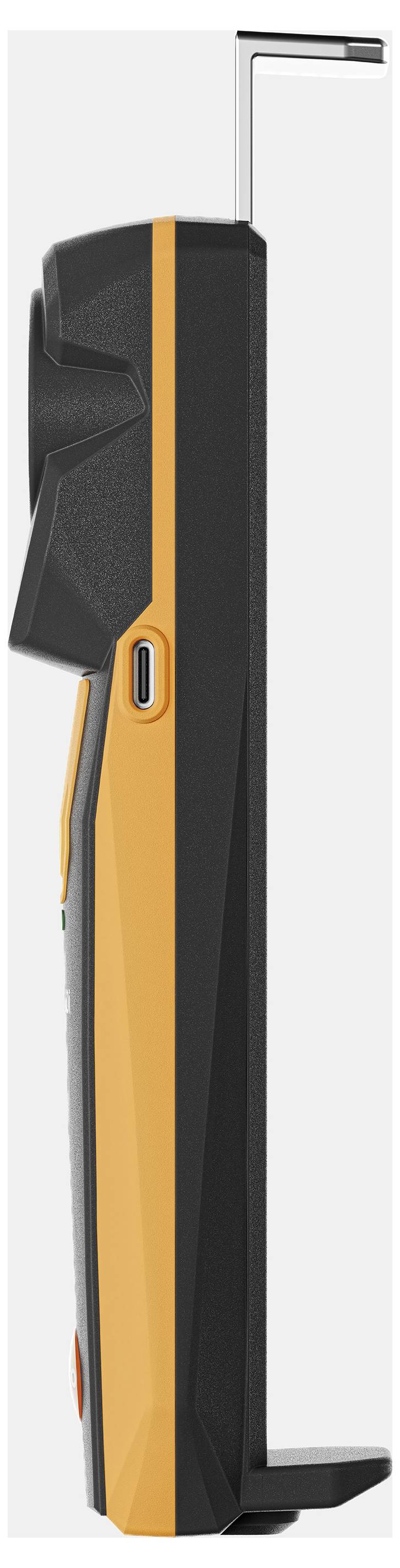 Un appareil portable moderne en noir et orange, probablement un instrument de mesure, présente une fine tige métallique saillante.