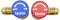 Deux capuchons de protection de valve avec des inscriptions : à gauche bleu 'OFF ON', à droite rouge 'OFF ON', tous deux portant le nom de marque 'testo'.