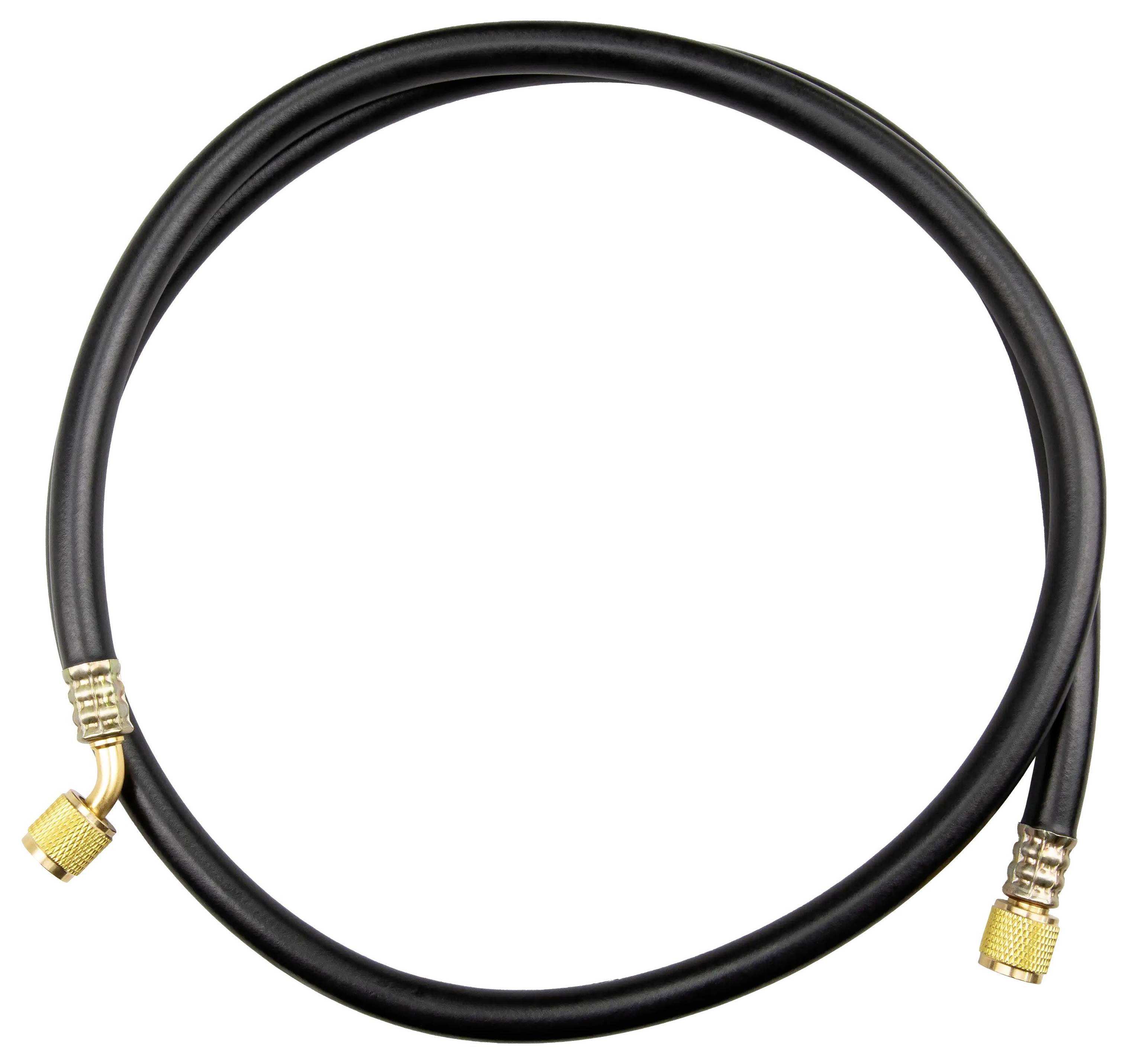 Ensemble composé de plusieurs tuyaux noirs avec des raccords en laiton en rouge, bleu et jaune.