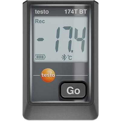 Enregistreur de données de température numérique affichant '-17,4°C', indicateur de niveau de batterie, symbole de connexion Bluetooth et une touche 'Go'.