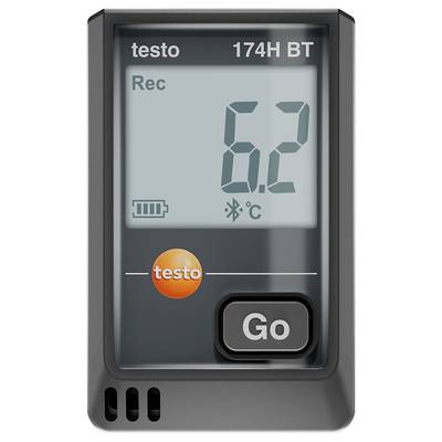 Un enregistreur de données de température avec écran affiche '6,2 °C', le symbole Bluetooth, et l'état 'Rec' ainsi que le niveau de batterie.