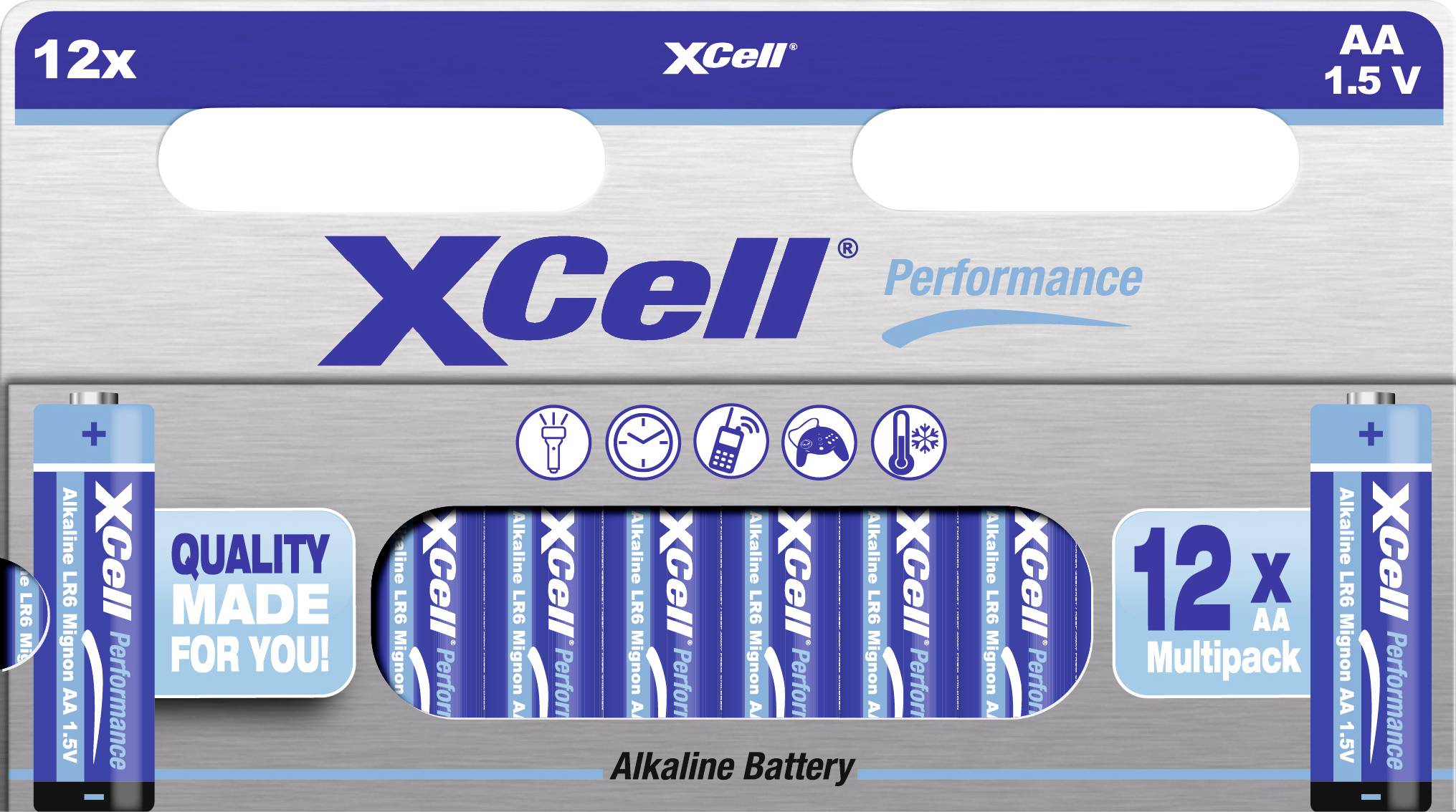 Piles alcalines AA 'XCell Performance', lot de 12. Sur l'emballage figurent des symboles indiquant recyclable, écologique et longue durée.