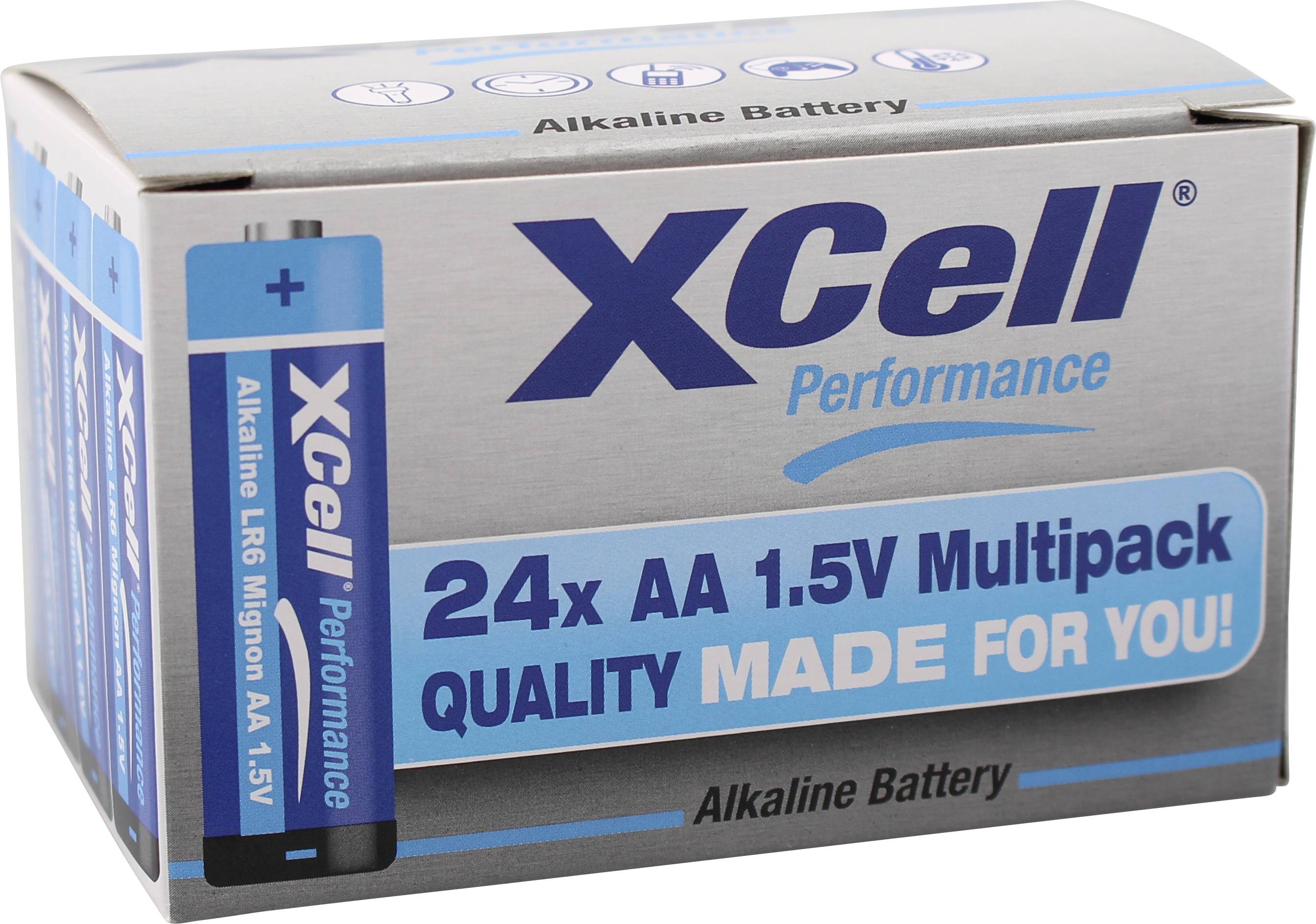 'Lot de 24 piles alcalines AA 1,5V XCell Performance, design bleu, mettant en valeur la qualité.'