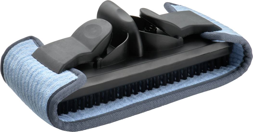 Un embout d'aspirateur noir avec des housses en microfibre bleues amovibles. Idéal pour nettoyer les meubles et les surfaces délicates.