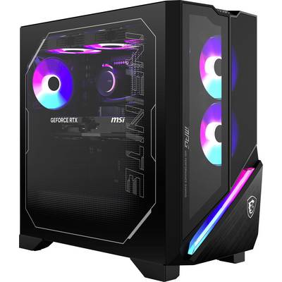 PC de gaming noir avec des lumières LED colorées et des côtés transparents ; logos "GEFORCE RTX" et "MSI" visibles.