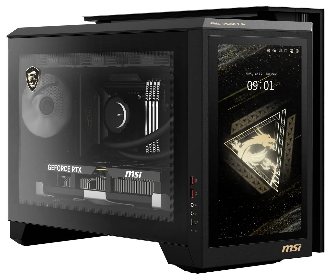 Un PC gaming MSI avec une carte graphique GeForce RTX visible et un écran allumé sur le côté, affichant l'heure 09:01.