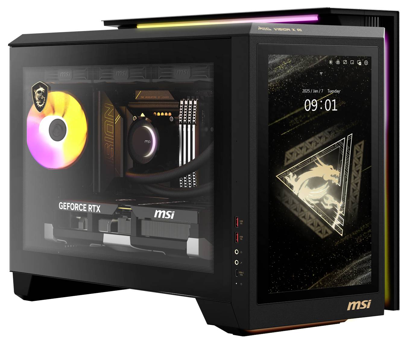 Un PC gaming avec un boîtier transparent affiche un éclairage LED coloré et une carte graphique GeForce RTX. Il dispose d'un panneau latéral avec un écran.