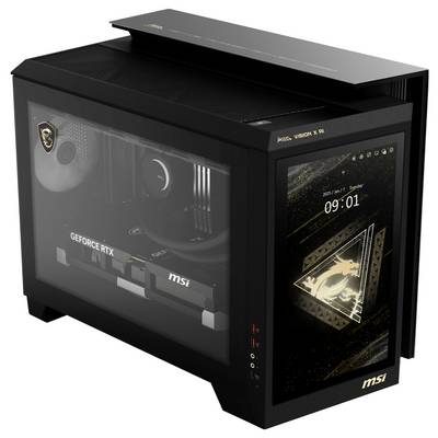 Ordinateur de bureau MSI noir avec boîtier transparent, carte graphique NVIDIA GeForce RTX visible, affichage numérique avec l'heure.
