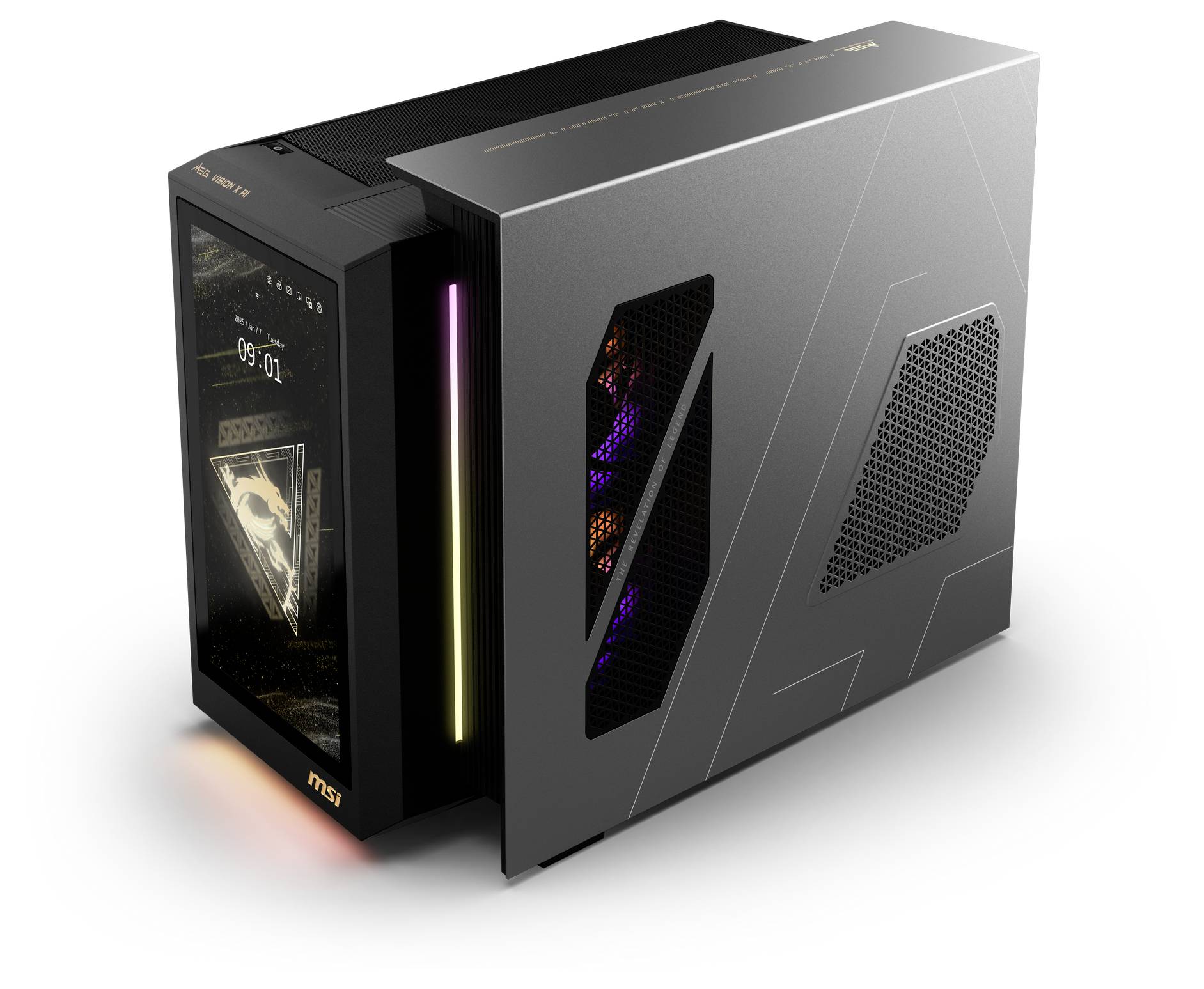 Un PC gaming moderne et compact avec un éclairage de boîtier spécial et des composants internes visibles dans un boîtier élégant.