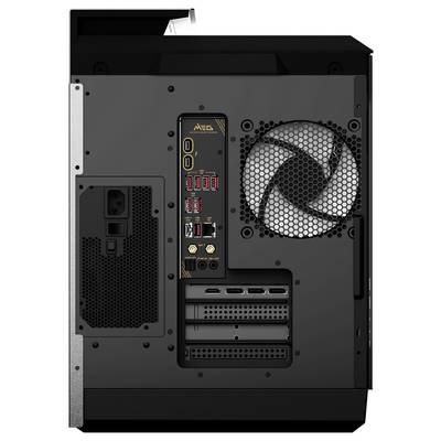 Le dos d'un boîtier d'ordinateur montre un ventilateur de refroidissement, plusieurs ports USB, des ports HDMI et Ethernet.