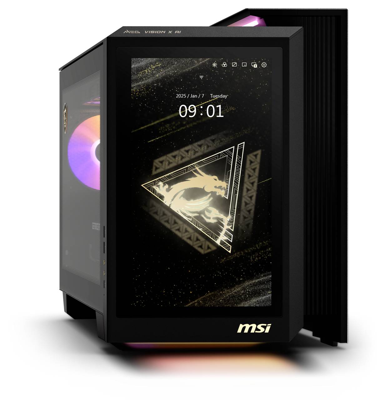 Un boîtier d'ordinateur avec un logo MSI éclairé et un écran affichant la date, l'heure et un motif de dragon doré.