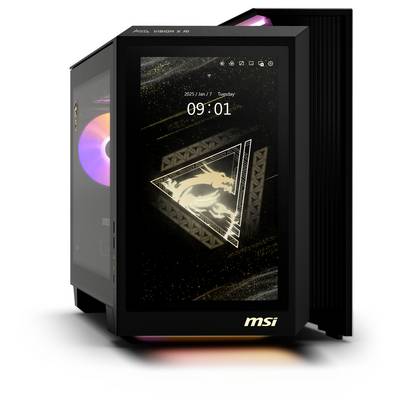 Un boîtier d'ordinateur avec un logo MSI éclairé et un écran affichant la date, l'heure et un motif de dragon doré.