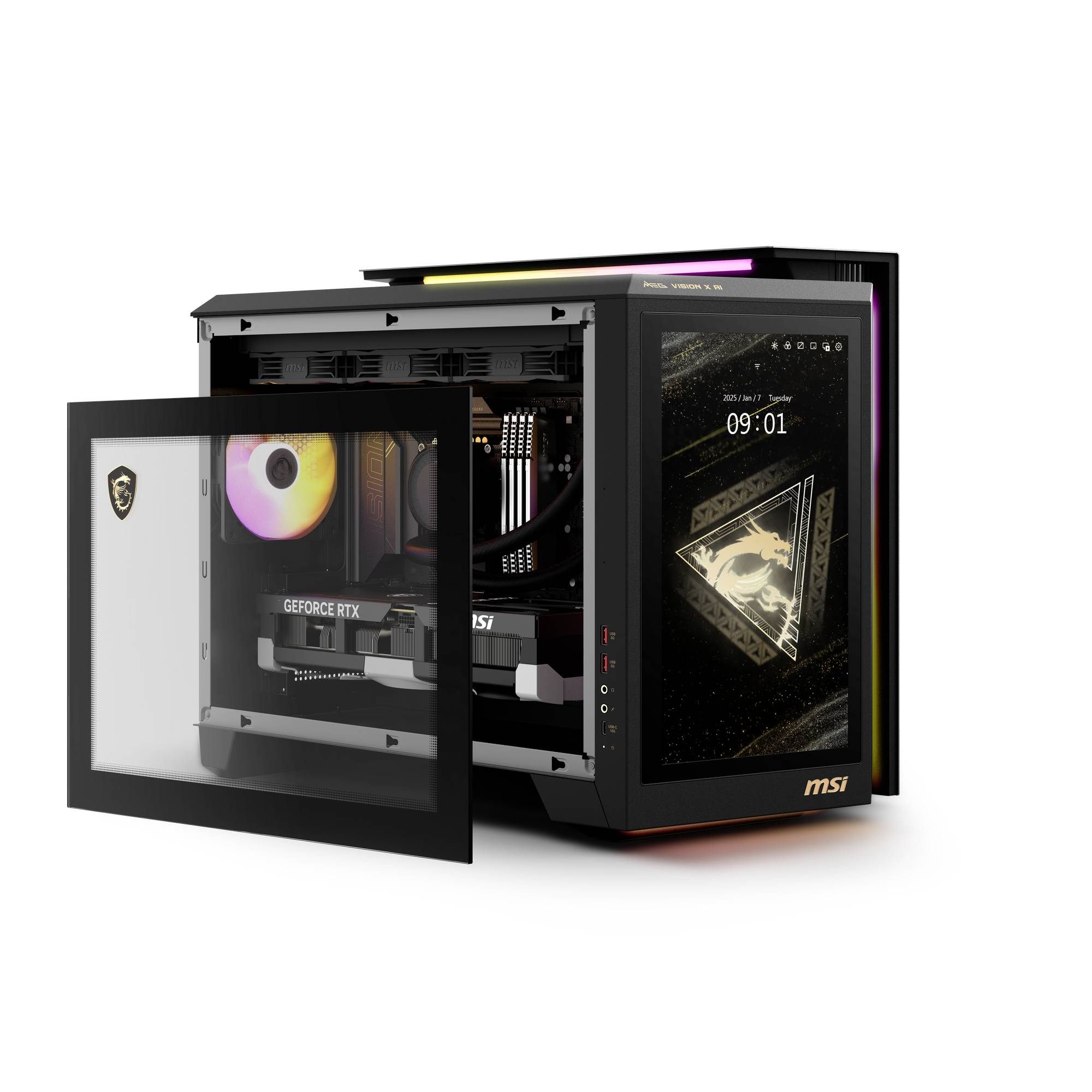 PC haute performance avec boîtier ouvert. Une carte graphique, des ventilateurs et une carte mère éclairée sont visibles. Un écran affiche '09:01'.