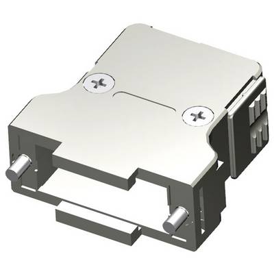 Connecteur métallique avec vis et clips, vue perspective de dessus. L'appareil est adapté pour relier des câbles électriques ou des composants.