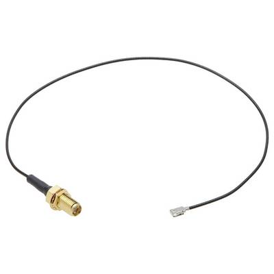 Un câble coaxial avec une fiche dorée. Le câble est fin et noir avec un petit connecteur argenté à l'autre extrémité.