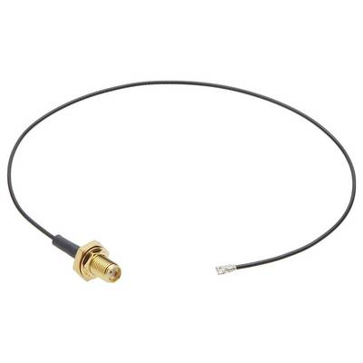 Câble coaxial avec embout de connexion doré, adapté aux antennes ou aux appareils radio. Présente un câble fin et flexible avec un connecteur U.FL.