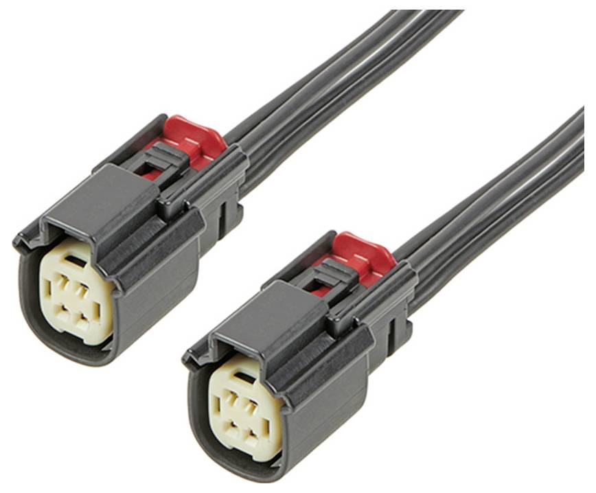 Deux câbles de connexion noirs avec des clips rouges sur un fond blanc.