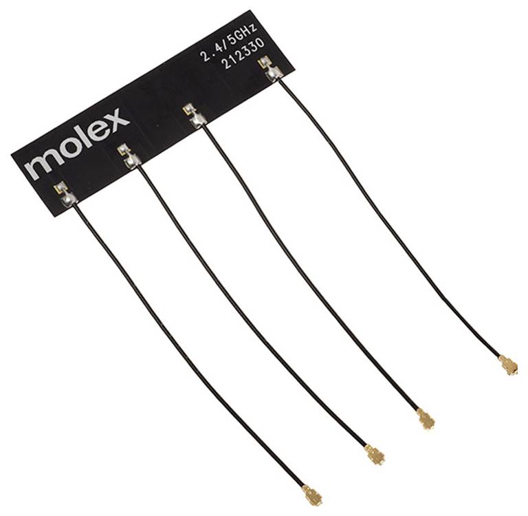 Cinq câbles noirs avec un connecteur rectangulaire en haut, portant l'étiquette 'molex', adaptés aux applications 2,4/5 GHz.