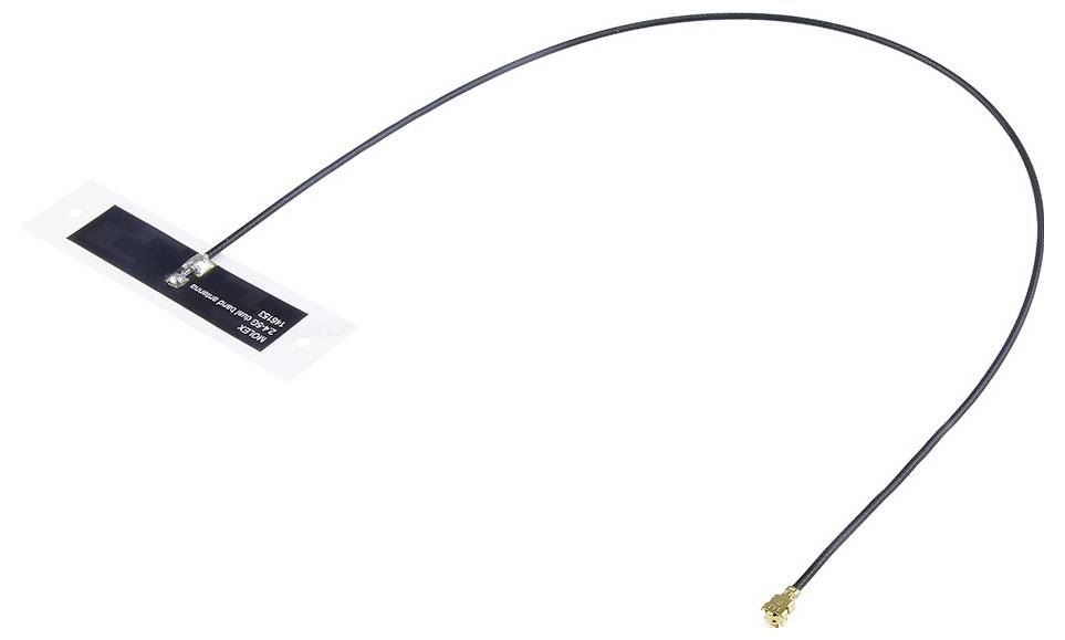 Une antenne plate autocollante avec un câble noir et un connecteur doré. Idéale pour améliorer la réception du signal.