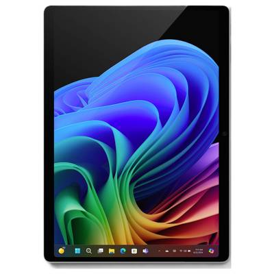 Une tablette avec un fond d'écran abstrait et coloré représentant un motif cosmique tourbillonnant en bleu, vert et rouge.