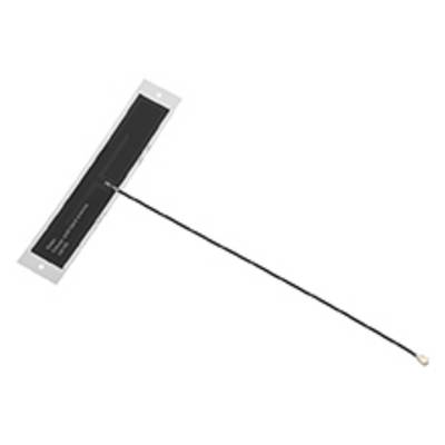 Une longue antenne étroite avec un socle rectangulaire et un câble fin et noir se terminant par un petit connecteur doré.