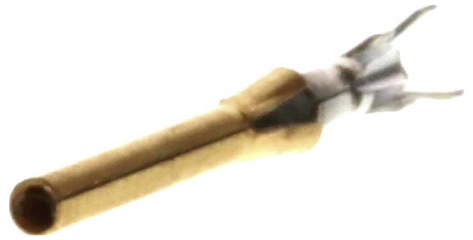 Un connecteur électrique doré à embout ouvert avec deux bras latéraux pour la fixation des câbles.