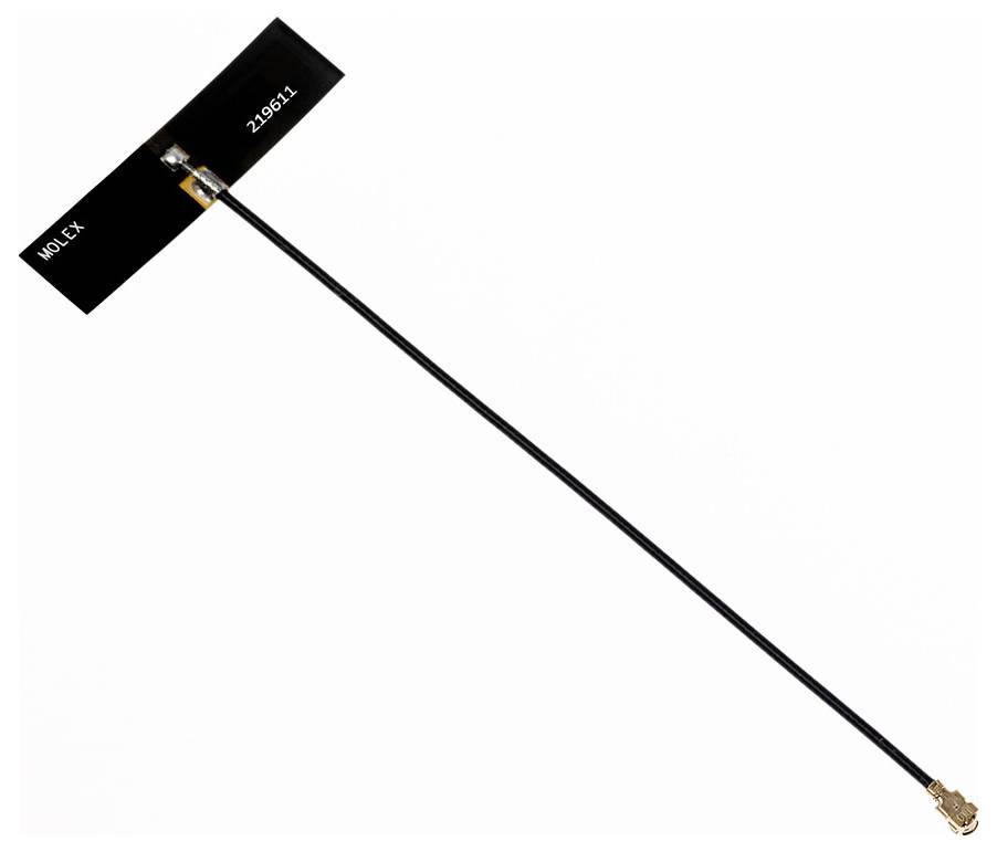 Câble d'antenne avec un long câble fin noir et une extrémité rectangulaire noire, portant l'inscription 'MOLEX' et '210611'.