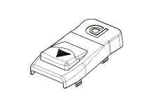 Dessin technique d'un dispositif électronique de forme rectangulaire avec des connexions latérales, un symbole et un triangle en haut.