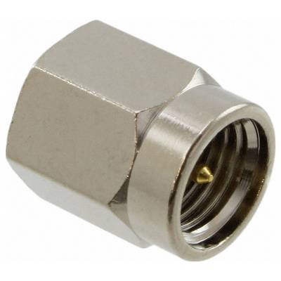 Un connecteur coaxial RF métallique avec une finition brillante, montrant une extrémité filetée et une broche centrale pour la transmission des signaux.