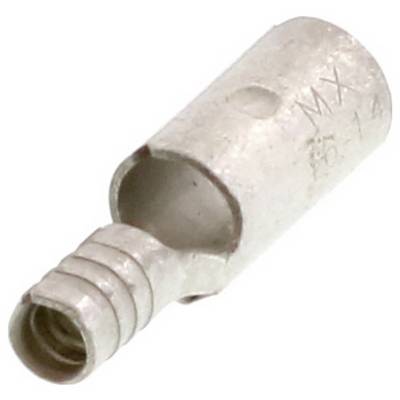 Connexion à sertir métallique pour câbles, forme creuse cylindrique avec extrémité striée et ouverte, et marquage laser intégré.