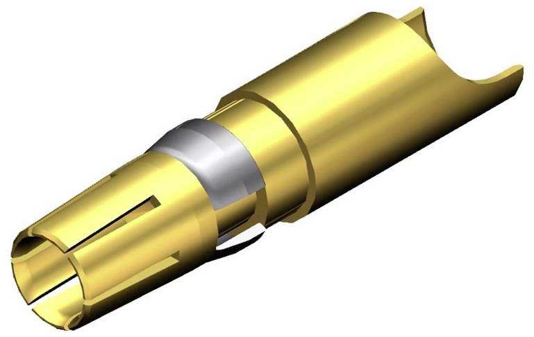 Représentation 3D d'un connecteur doré avec anneau métallique, adapté aux applications électroniques.